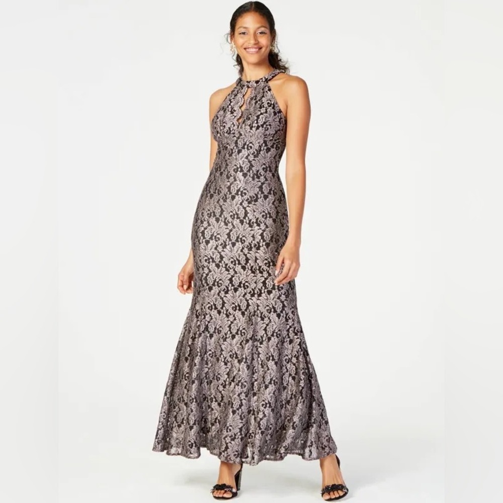 Nightway Glitter-Lace Keyhole Gown